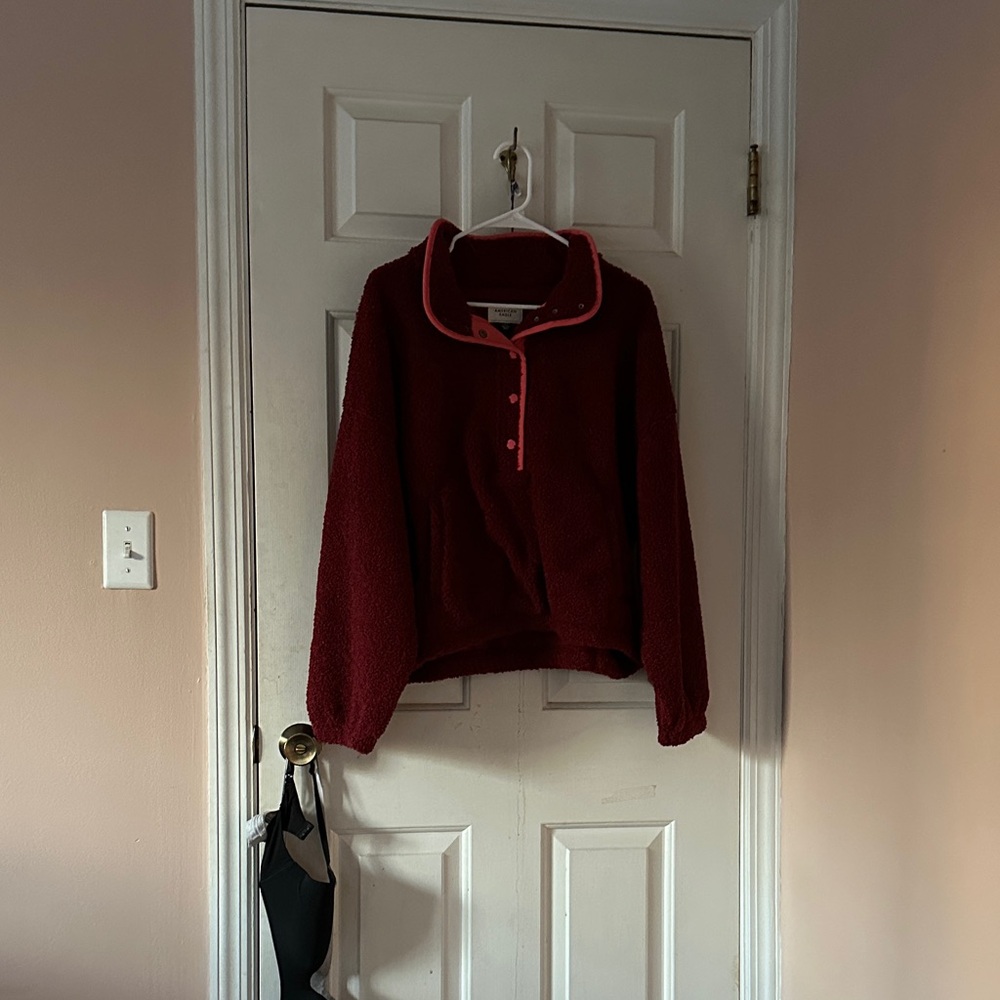 American Eagle Outfitters Burgundy Sherpa Pullover with Pink Trim